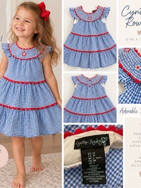 Cynthia Rowley Blue Gingham Tiered Dress with Red Trim